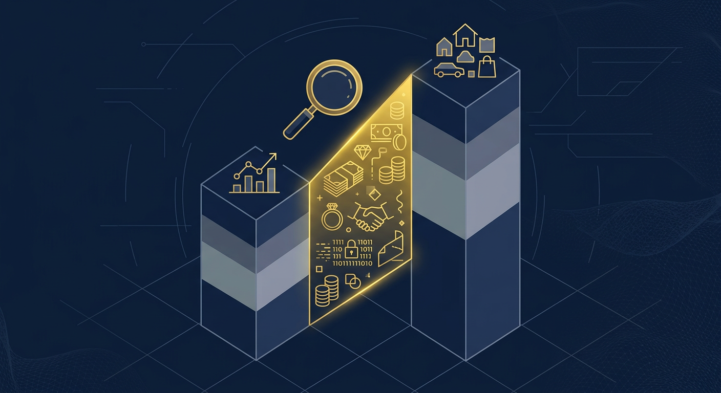 Navy and gold conceptual illustration of a lifestyle-versus-income gap being reconciled across financial records in a divorce asset investigation