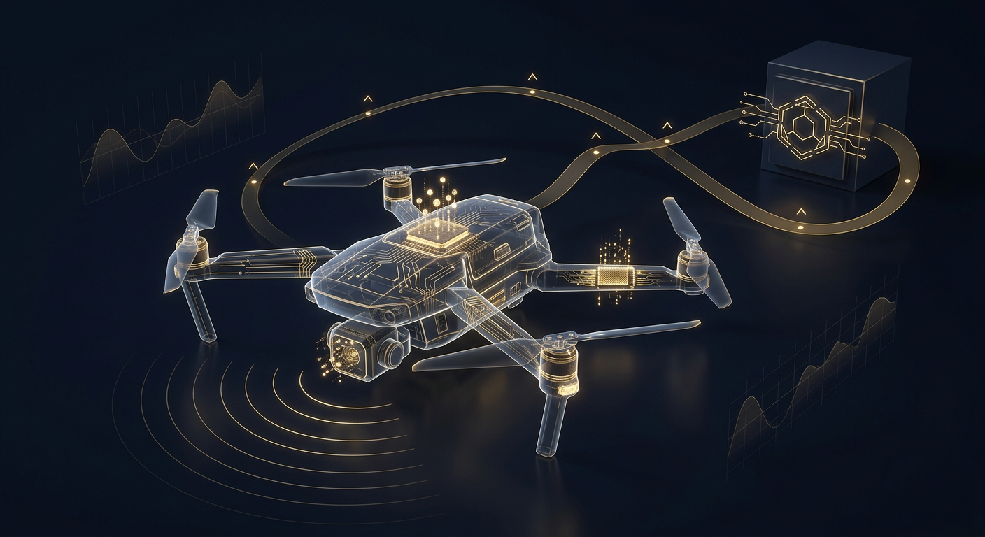 Drone forensics operations concept showing a wireframe quadcopter, a gold flight-path trail with altitude waypoints, and a secure evidence vault in navy and gold