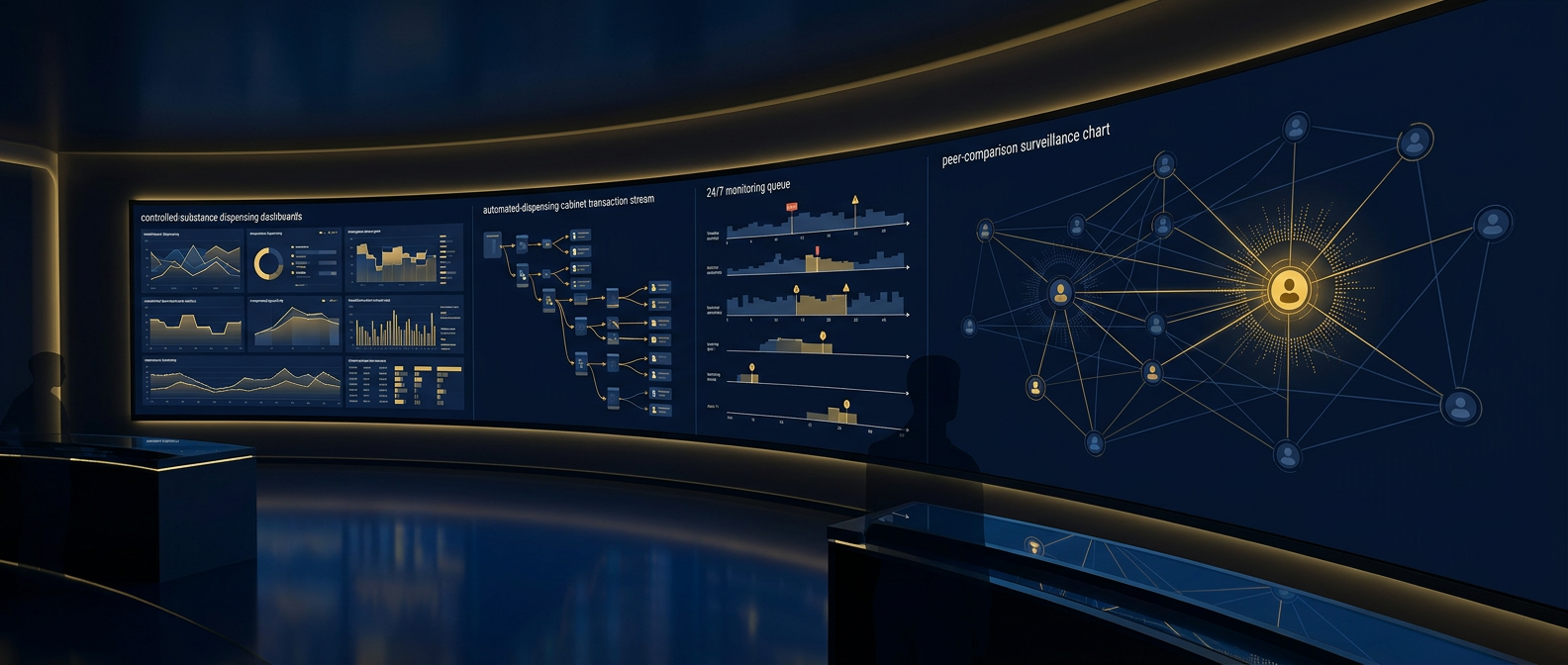 Hospital drug diversion monitoring operations concept showing dispensing-cabinet analytics dashboards and an anomalous clinician flagged against peers in navy and gold