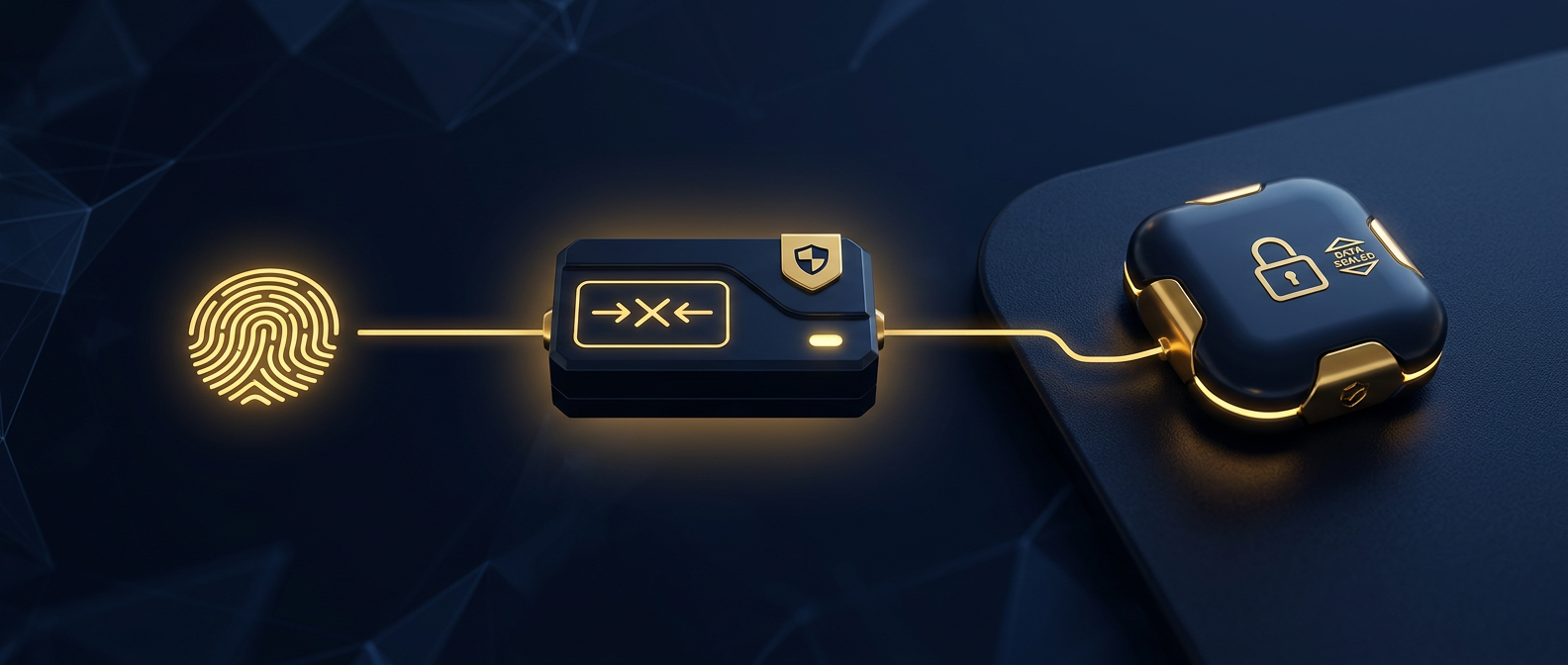 Forensically sound data acquisition concept showing write-blocked imaging and matching hash verification for defensible evidence in navy and gold