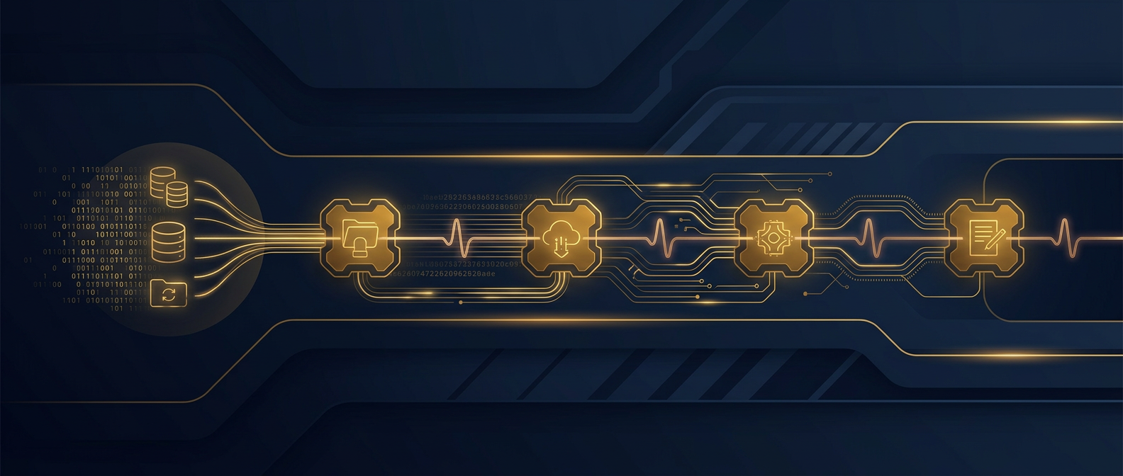 Electronic discovery lifecycle concept showing data flowing from preservation through collection, processing, and review with chain of custody in navy and gold