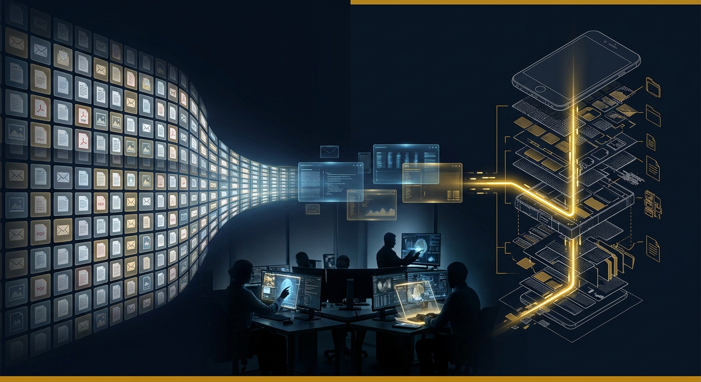 E-discovery document review at scale contrasted with deep digital forensic artifact analysis in navy and gold