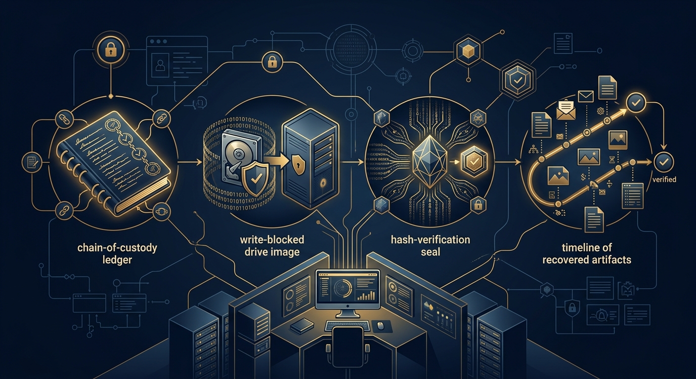 Forensic evidence workflow showing chain of custody, drive imaging, hash verification, and recovered artifact timeline