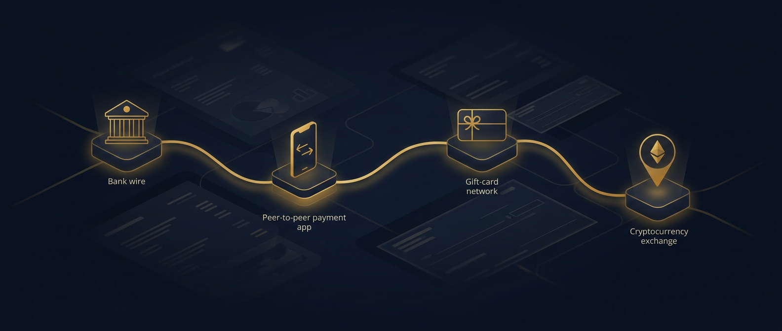 Forensic fund-flow map tracing an elder's diverted payments across bank wires, gift cards, and a cryptocurrency exchange in navy and gold