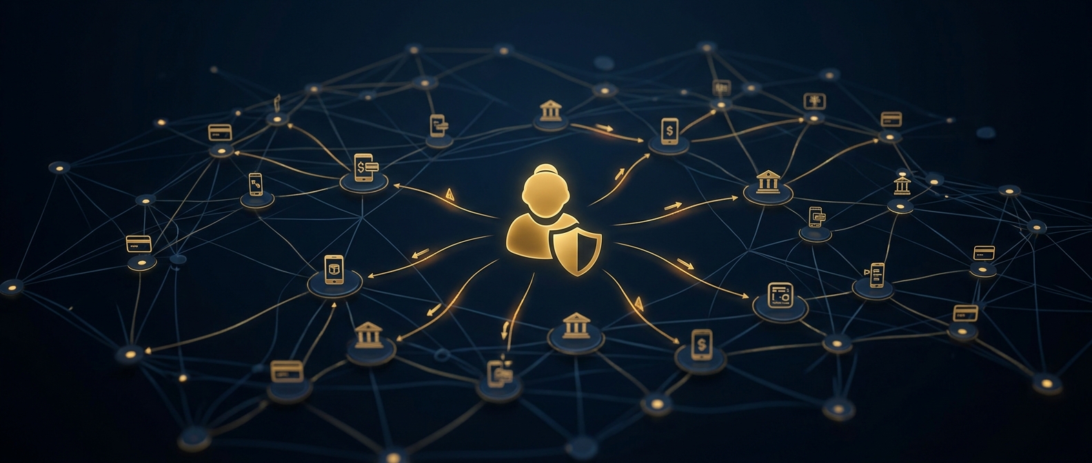 Elder financial abuse investigation concept showing a protected elder surrounded by traced bank, payment-app, and wire-transfer flows with flagged diverted funds in navy and gold