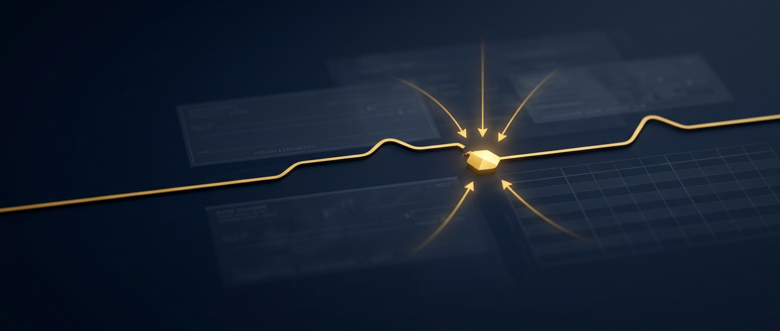 Forensic financial timeline showing an elder's normal spending pattern breaking when an outside influencer gains control of accounts, in navy and gold