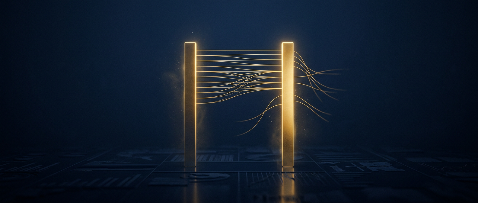 Bank statement column and internal books column side by side with reconciliation lines diverging where fabricated reconciling items hide a shortfall, navy and gold