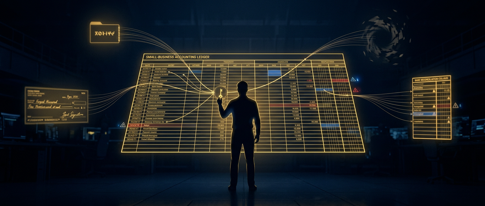 Small-business ledger with gold threads siphoning value toward a forged check, a fake vendor and a manipulated bank reconciliation in navy and gold