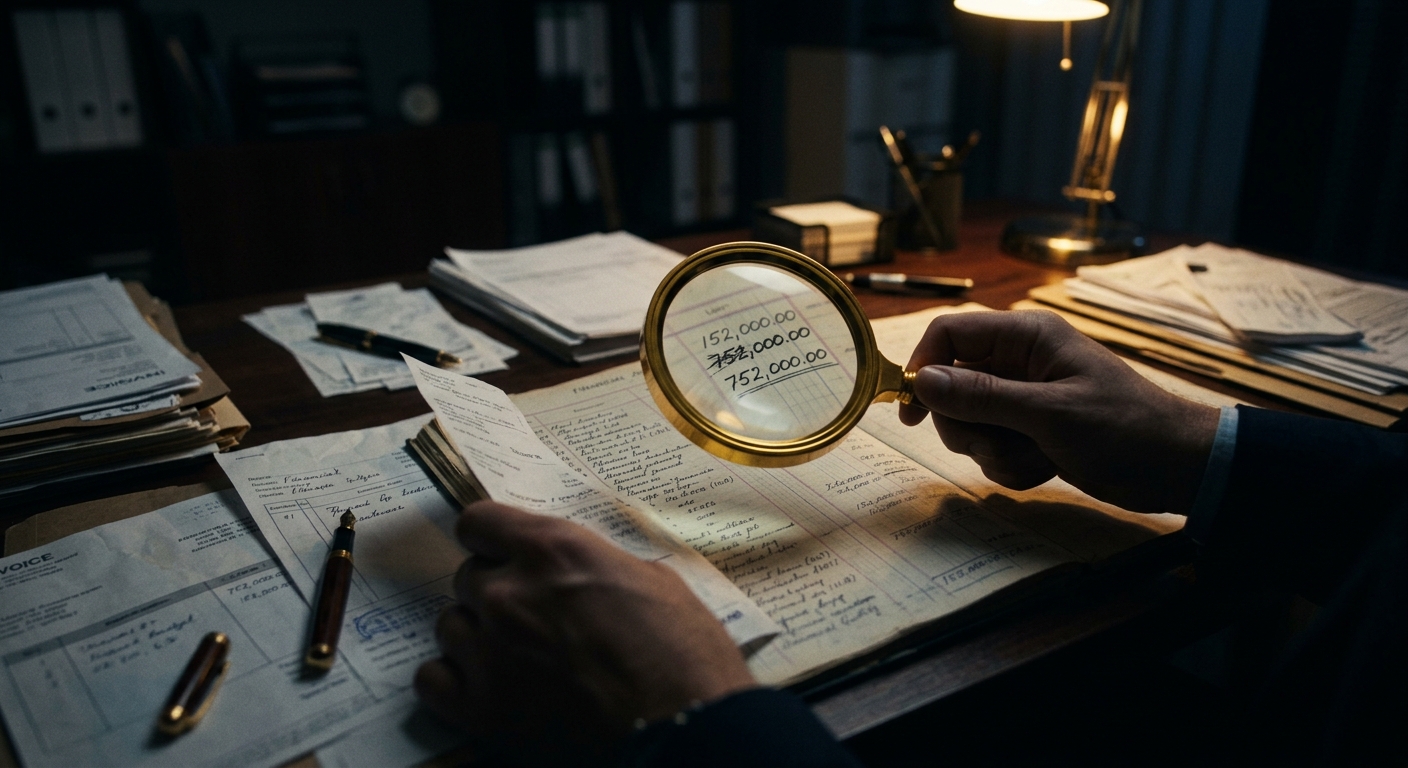 Forensic review of ledgers and invoices during an embezzlement investigation