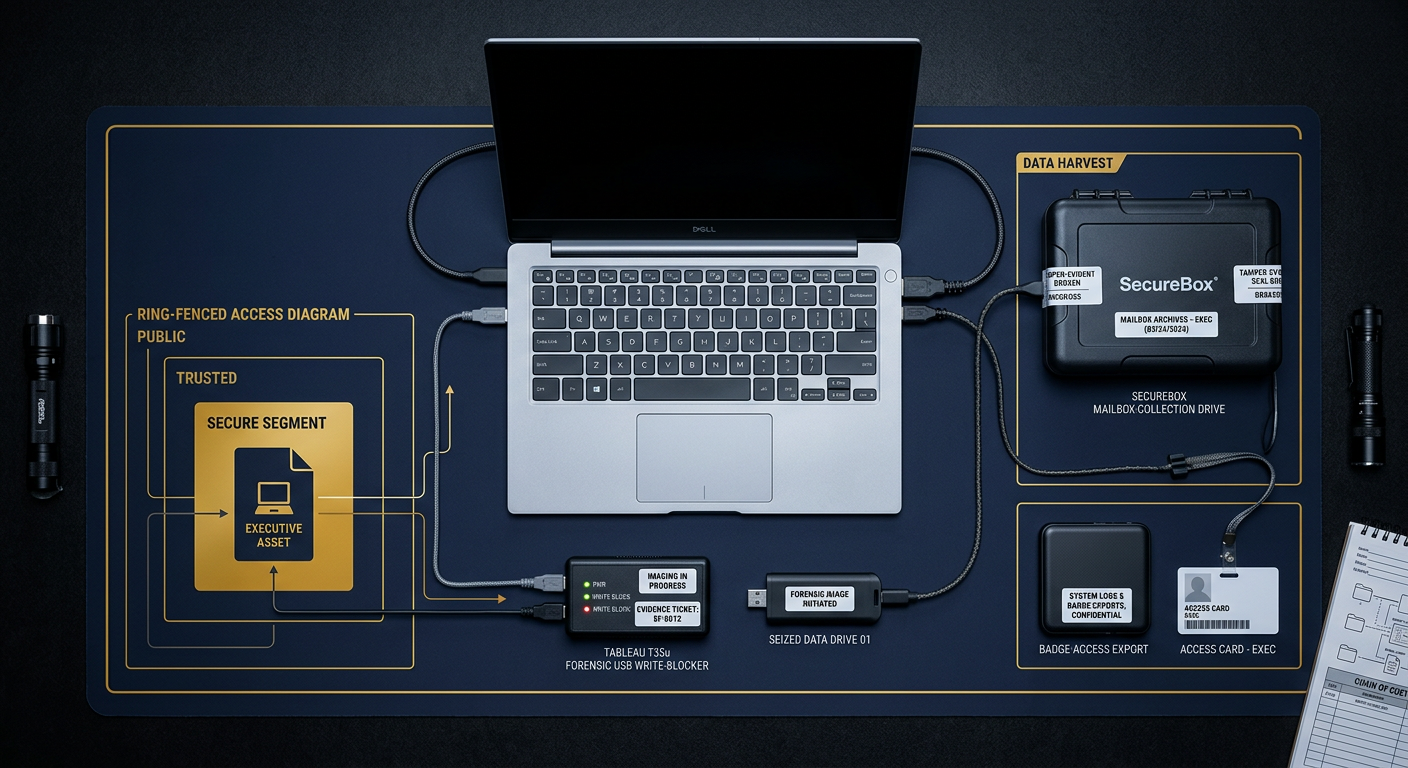 Covert evidence preservation kit for an executive investigation: imaged laptop, write-blocker, sealed collection drive, and a ring-fenced access diagram