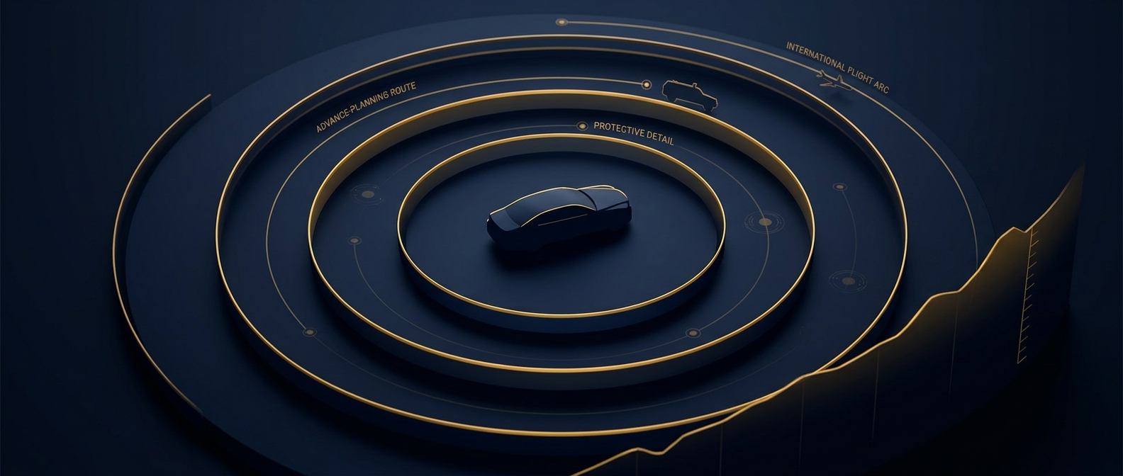 Executive protection cost and scope concept showing a protected principal inside rising cost tiers with detail, armored vehicle, advance route, and travel markers in navy and gold