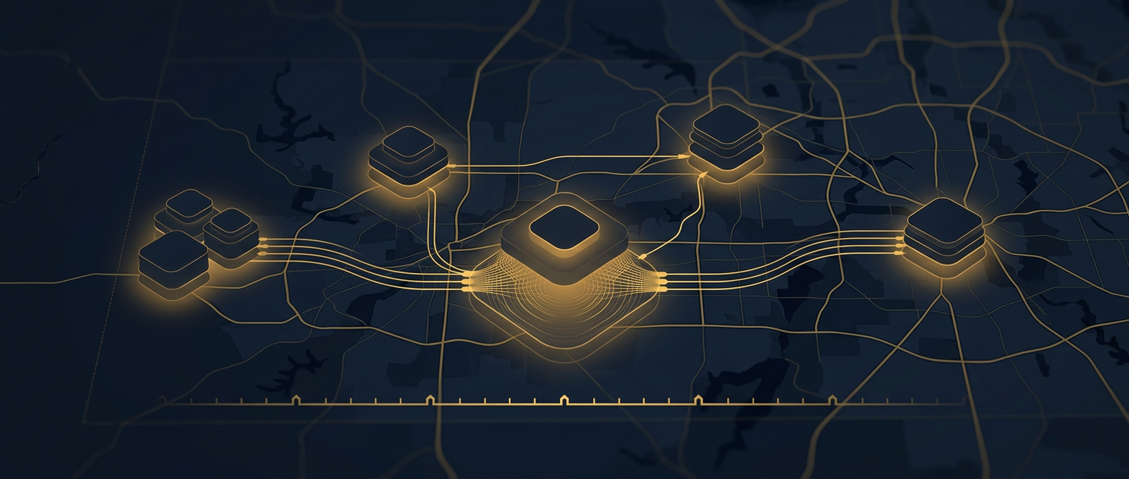 Layered protection concept linking family estate and ranch, family office, private aviation, and civic-event nodes through a protective-intelligence hub in navy and gold