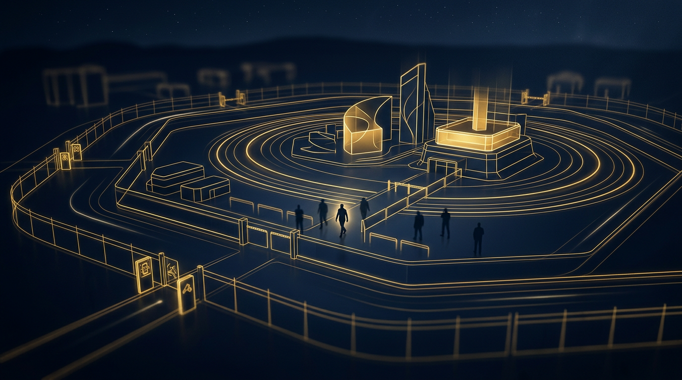 Corporate facility and executive-floor protection concept showing credentialed access, perimeter standoff, and a low-profile principal corridor in navy and gold