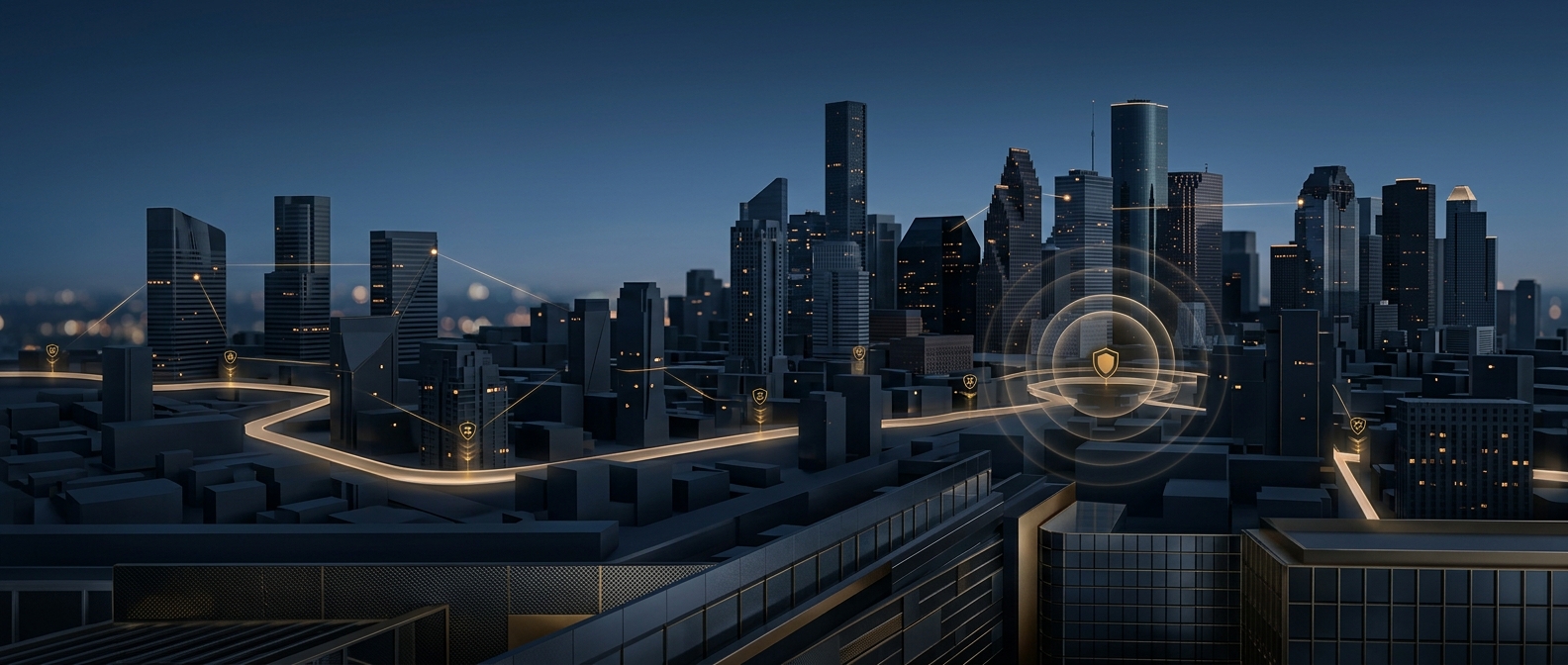 Executive protection operations concept over a stylized Houston skyline showing a secured route and protective rings in navy and gold