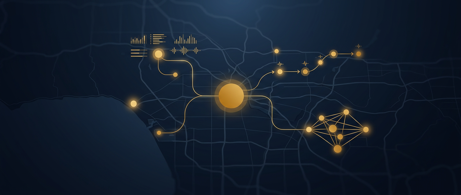 Protective intelligence and stalker threat-assessment concept linking a protected principal to monitored digital footprint and escalation timeline in navy and gold