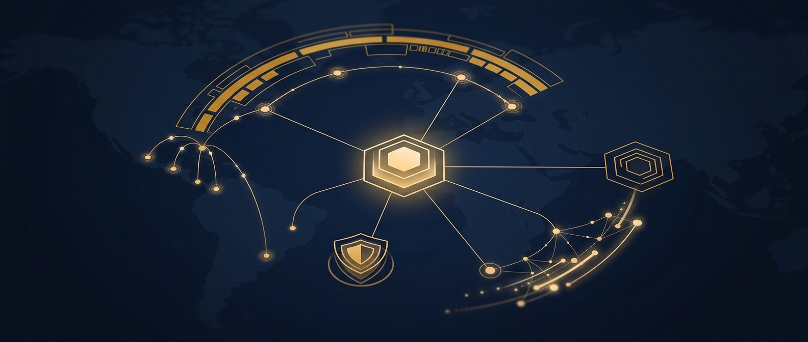 Global travel-risk and family-office protection concept linking a protected principal to an international flight path, kidnap-and-ransom exposure, residence, and digital footprint in navy and gold