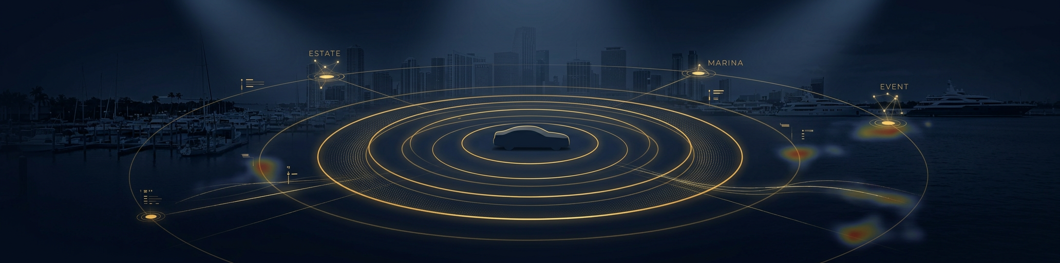 Executive protection operations concept for a high-net-worth principal in Miami with concentric protective rings, estate, marina, and event nodes over a bay skyline in navy and gold