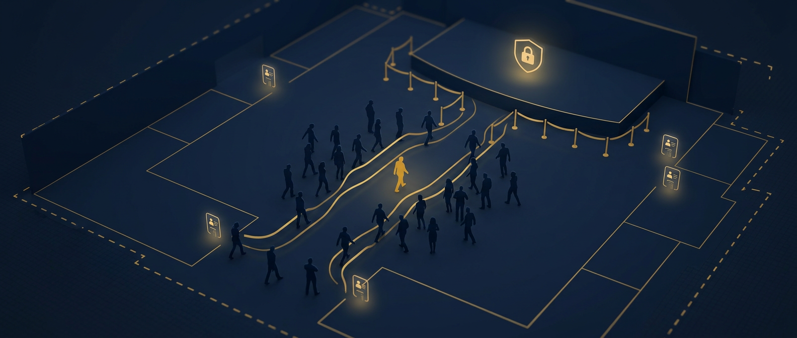 Conference and event executive protection concept showing credentialed access, a secured stage, and a low-profile principal corridor in navy and gold