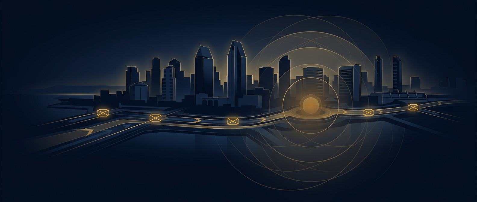 Executive protection operations concept over a stylized San Diego coastline showing secured routes and protective rings in navy and gold