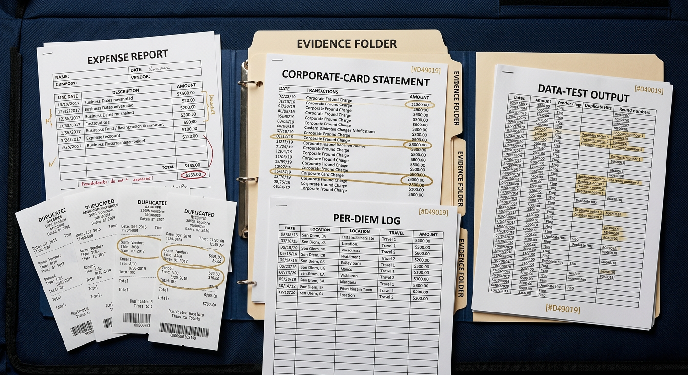 Expense fraud case file with duplicated receipts, flagged card statement, per-diem log, and data-test output