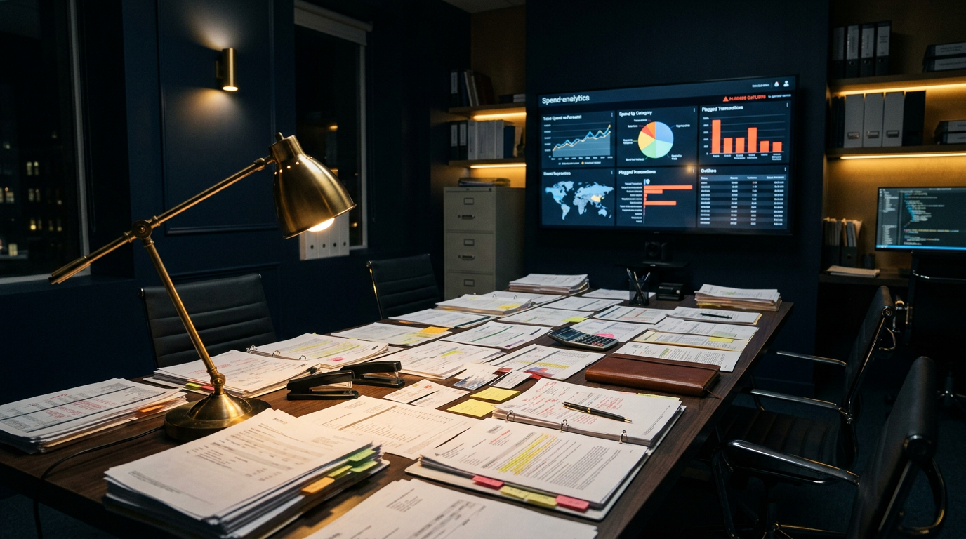 Forensic accounting review room with expense reports, card statements, and a spend-analytics dashboard flagging outliers