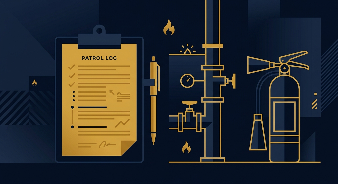 Fire watch patrol log and life-safety equipment check concept in navy and gold