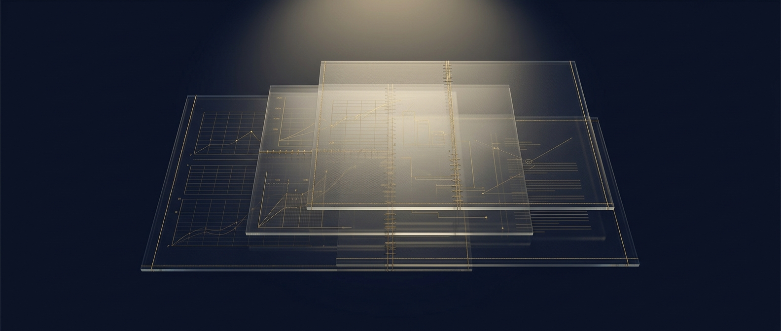 Conceptual dark navy and gold rendering of an expert damages model and funds-tracing waterfall assembled into a certified report