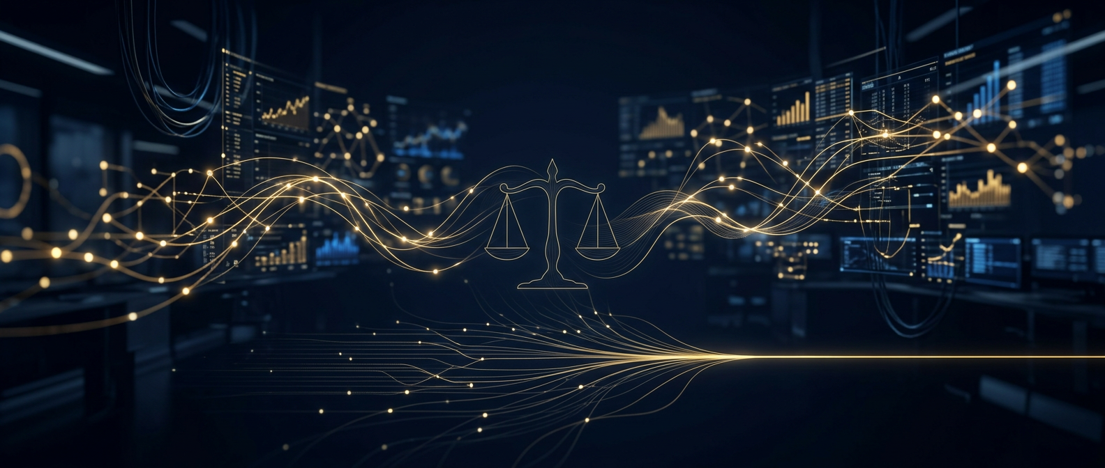 Dark navy and gold conceptual visualization of financial transactions being traced and converged into evidence for litigation