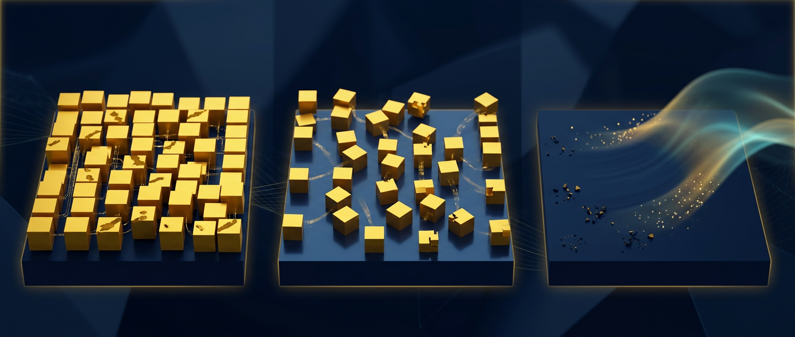 Comparison of deletion, quick format, and cryptographic erase scenarios showing residual recoverable data progressively vanishing, with an SSD TRIM sweep, in navy and gold