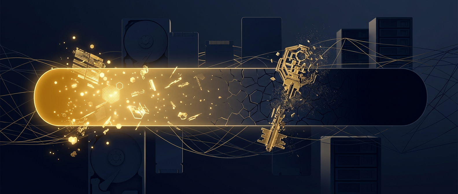 Data recovery spectrum concept from recoverable gold fragments to permanently erased voids, with storage media and a shredded encryption-key motif, in navy and gold