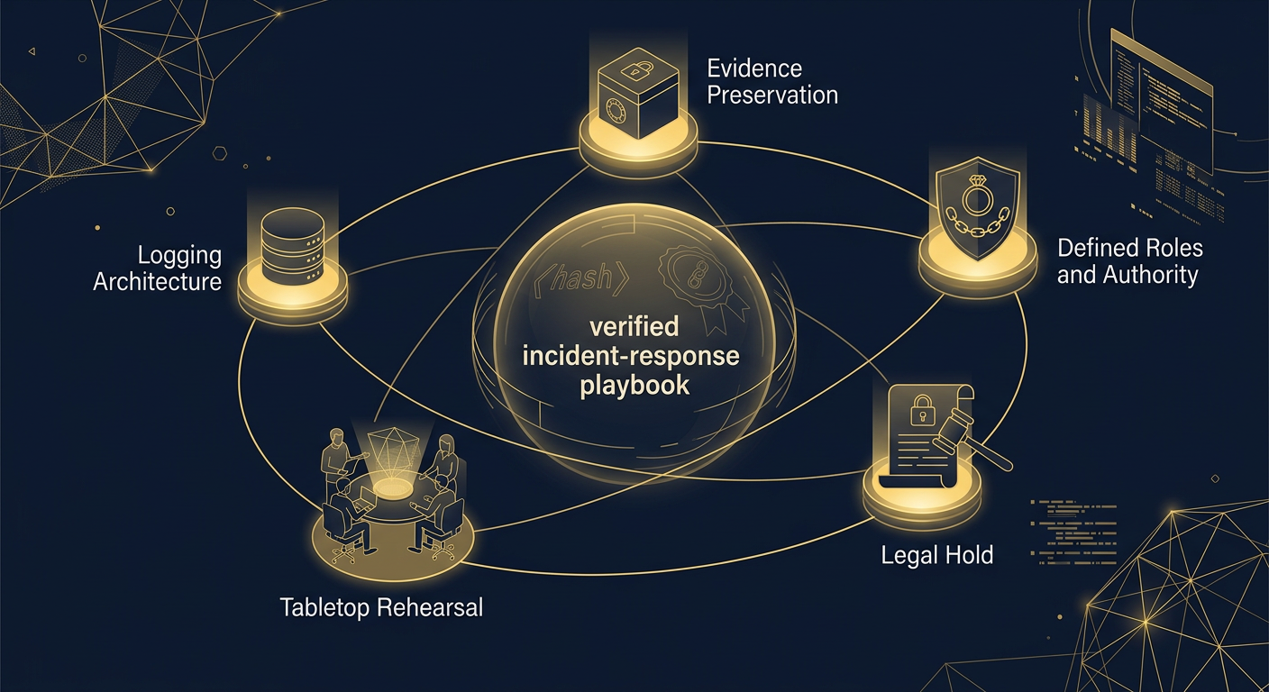 Corporate forensic readiness lifecycle linking logging, preservation, roles, legal hold and tabletop rehearsal to a verified response playbook