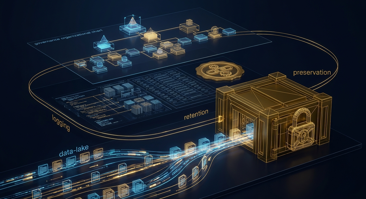 Forensic readiness architecture concept showing log streams flowing into a sealed evidence vault with legal-hold and governance layers in navy and gold