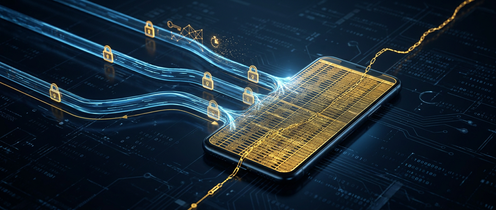 Encrypted messaging forensics concept showing Signal, WhatsApp, and Telegram streams converging on an unlocked phone with encrypted database rows in navy and gold