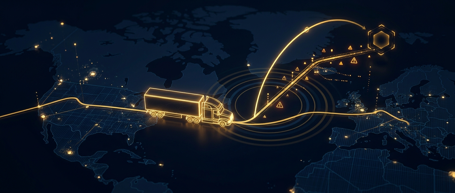 Conceptual freight route across a continental map showing a tractor-trailer and a GPS ping diverging toward an unauthorized location in navy and gold