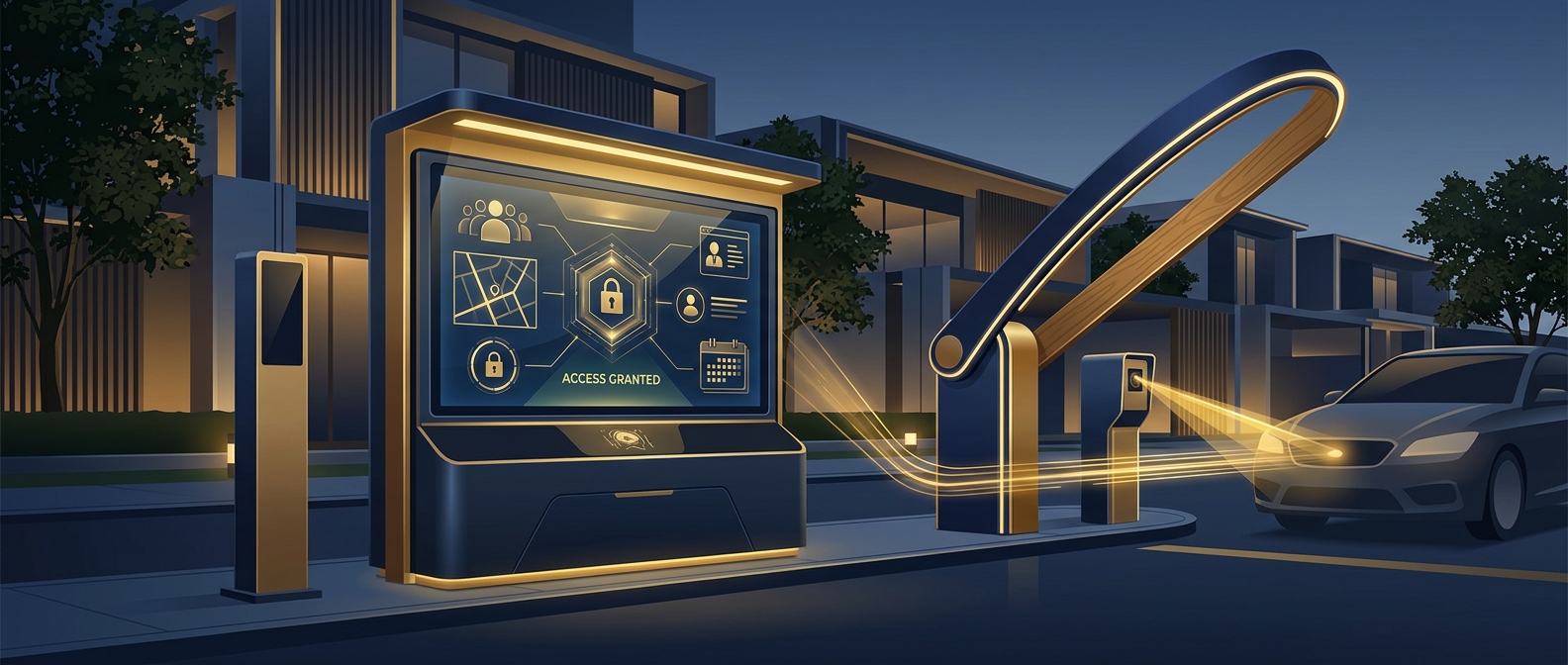 Conceptual view of residential access control with license-plate recognition and visitor management at a community entrance