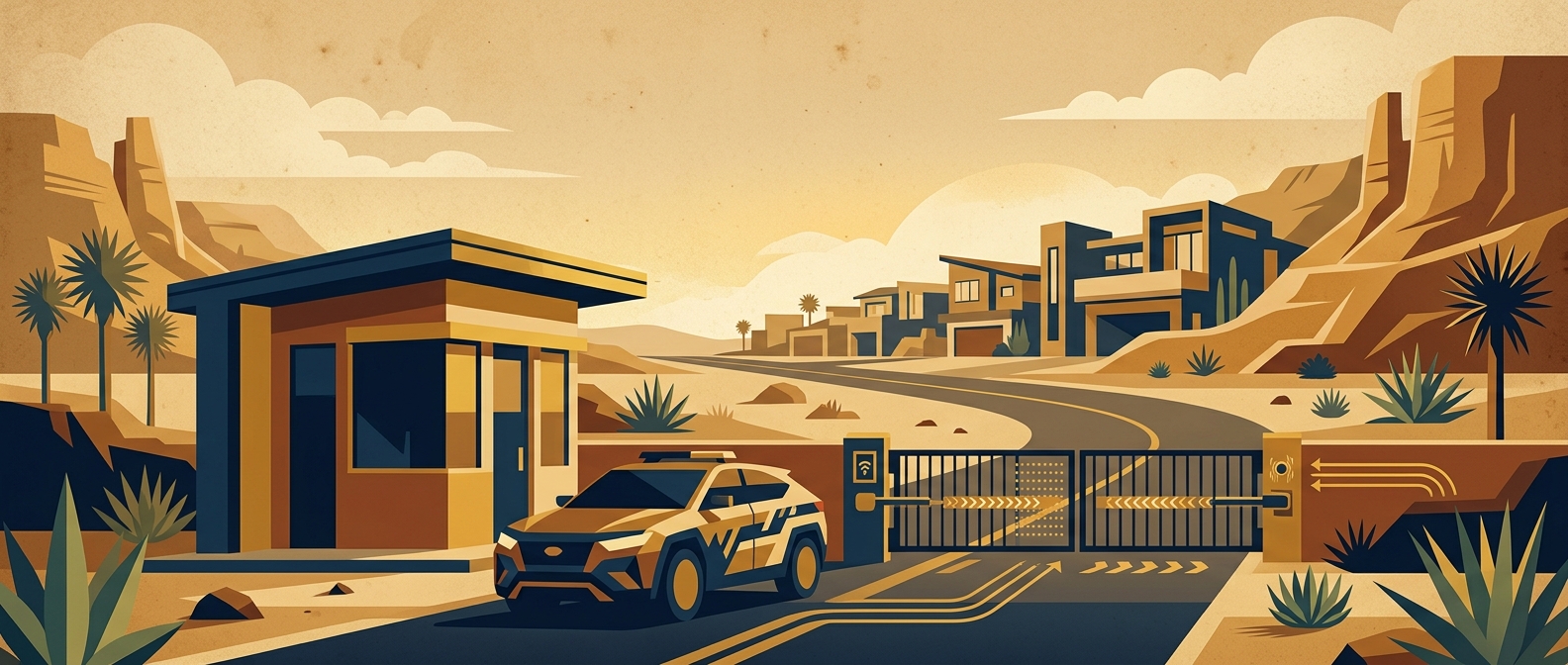 Conceptual illustration of a gated Scottsdale community guardhouse, patrol vehicle and access-control gate in navy and gold