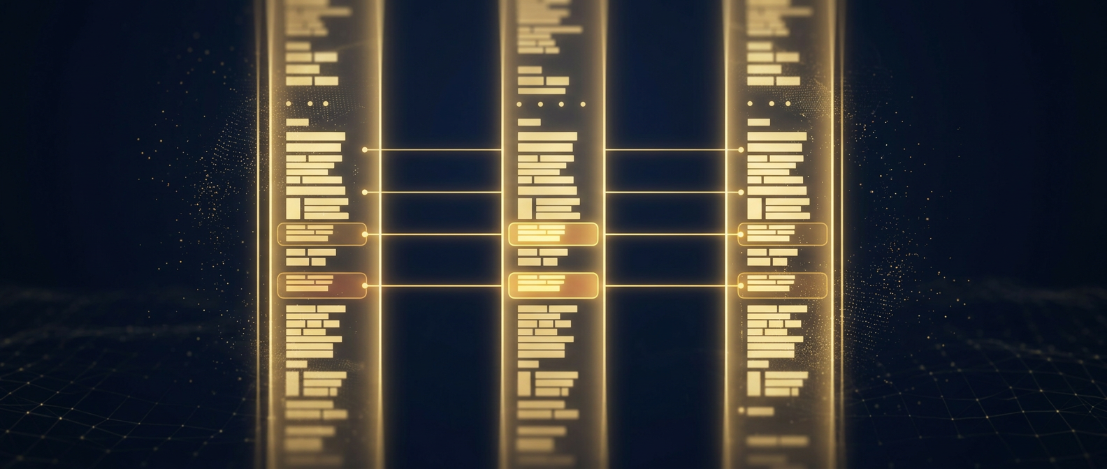Three-way reconciliation of HR master file, payroll register and bank file with mismatched terminated-still-paid records highlighted in navy and gold