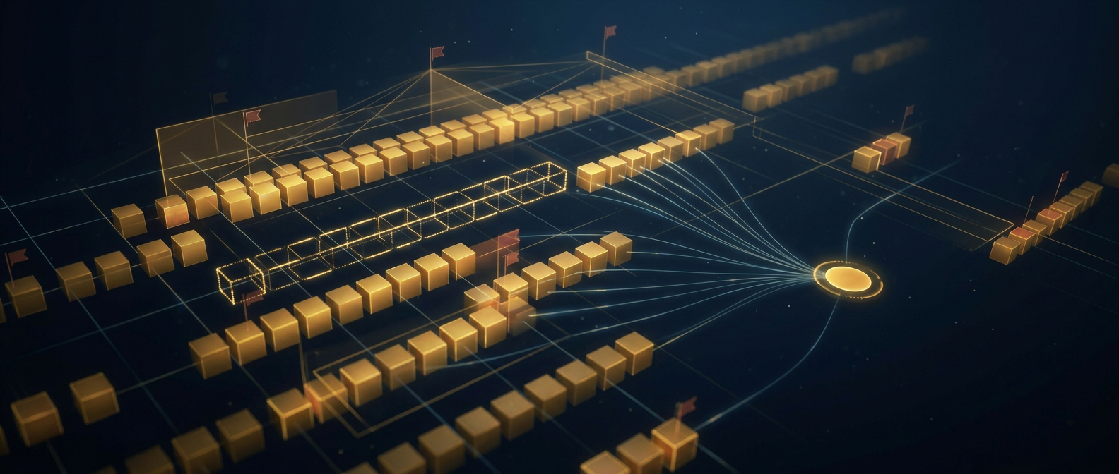 Payroll ledger grid with one hollow ghost-employee row and multiple direct-deposit lines converging on a single shared bank account in navy and gold