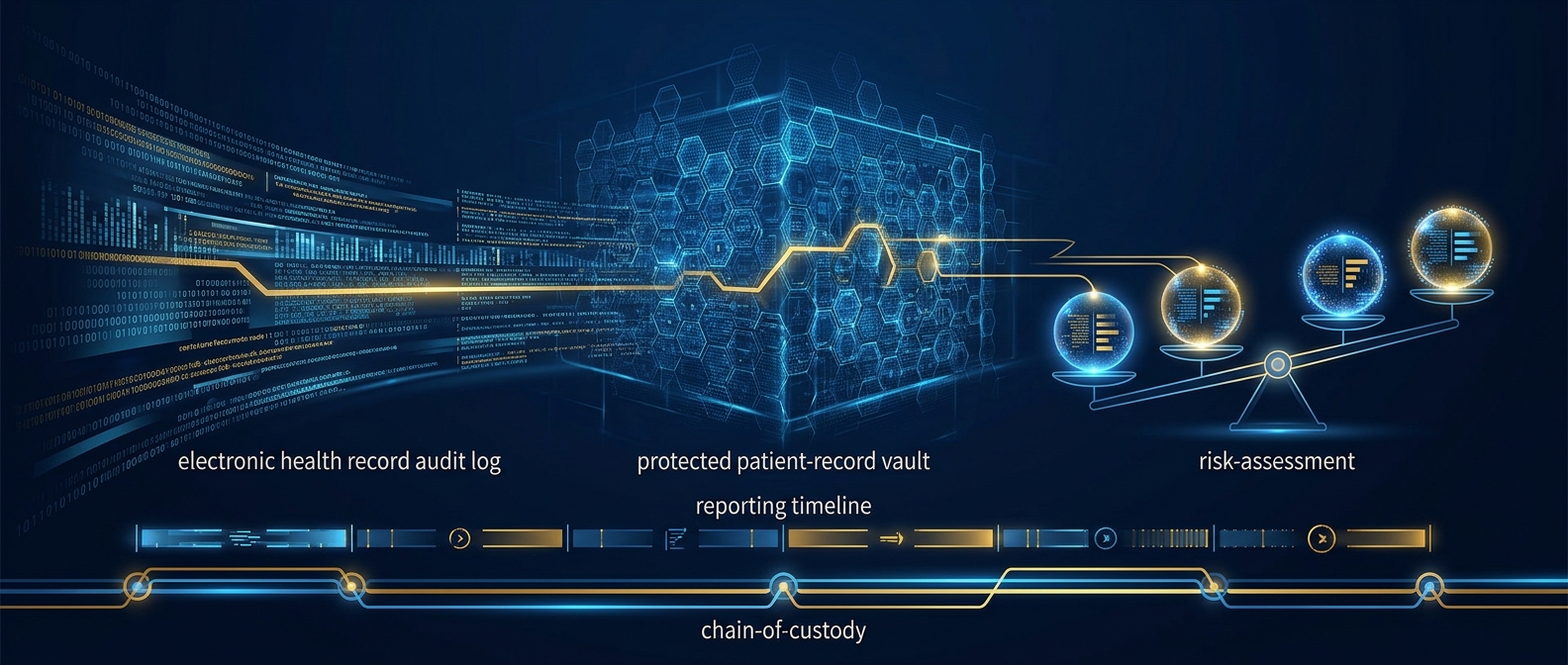 HIPAA breach forensic investigation concept showing an intrusion path through an EHR audit log with four risk-assessment factors and a reporting countdown in navy and gold