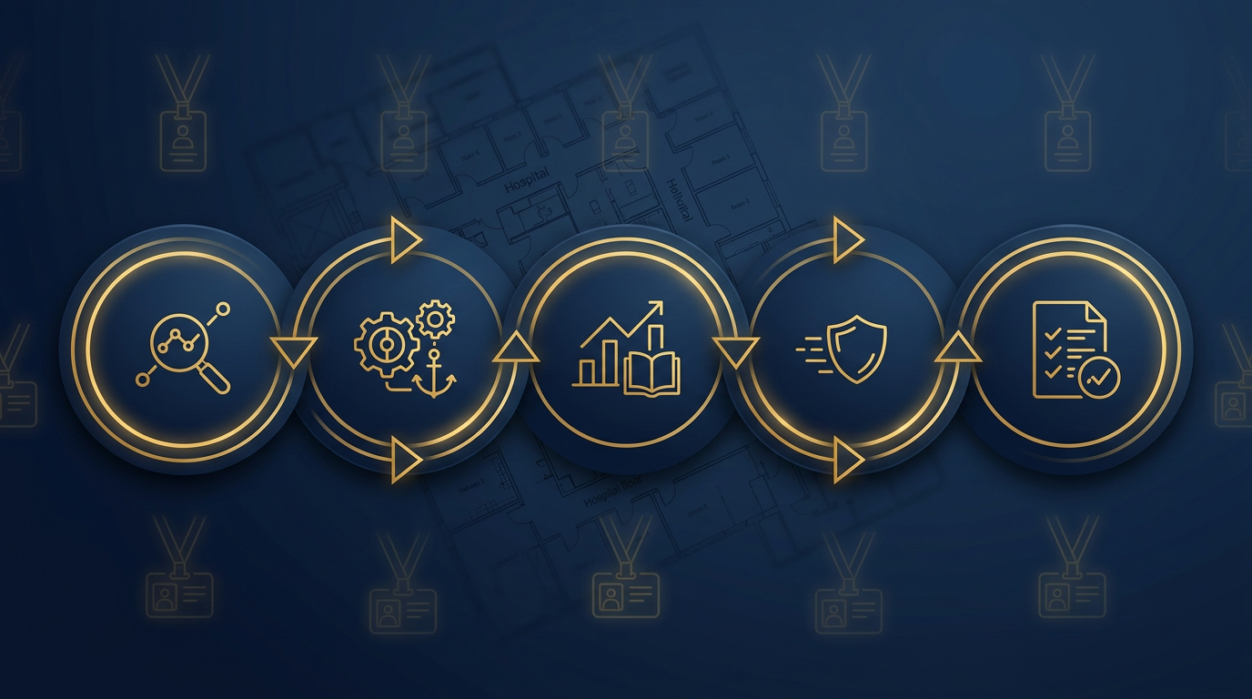 Continuous security management cycle linking risk assessment, controls, training, drills, and annual evaluation for hospital Joint Commission compliance in navy and gold