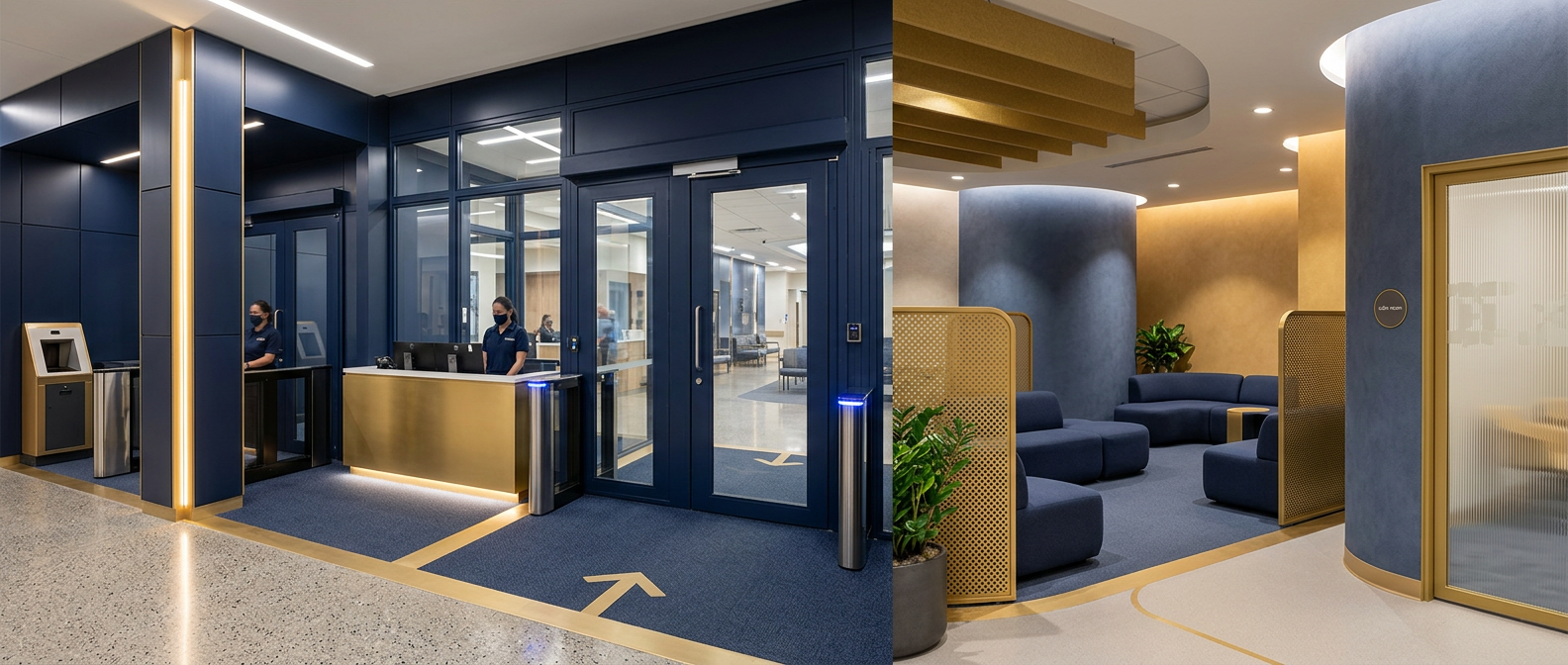 Conceptual illustration of an emergency department security checkpoint and behavioral-health de-escalation zone with layered access control