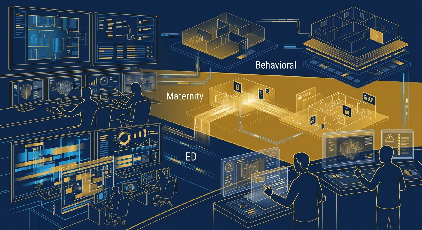 Conceptual navy and gold illustration of layered hospital security zones covering the emergency department, maternity, and behavioral health units