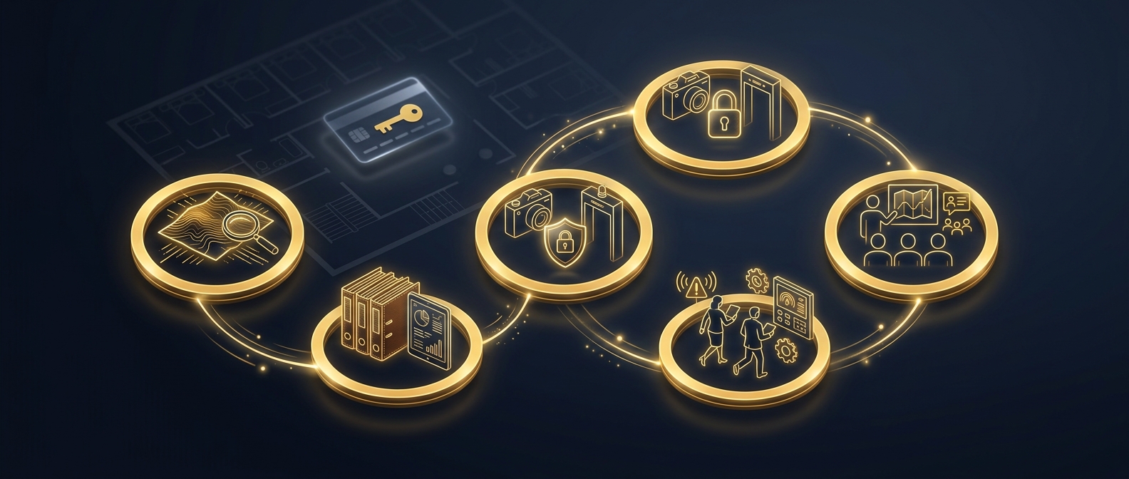 Continuous hotel security program cycle linking risk assessment, controls, training, incident response, and documentation in navy and gold
