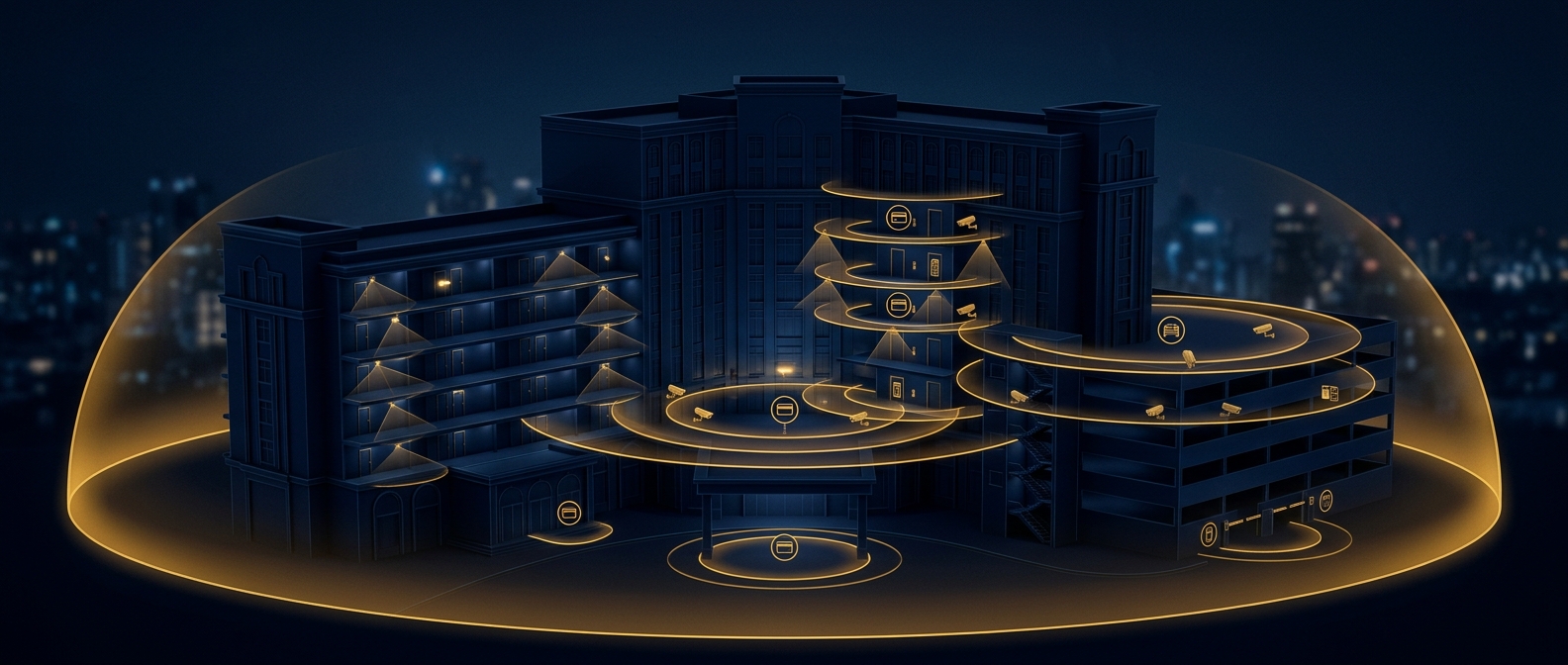 Hotel security concept showing layered protection around entrances, lobby, parking, and guest-room corridors with access control and camera coverage in navy and gold