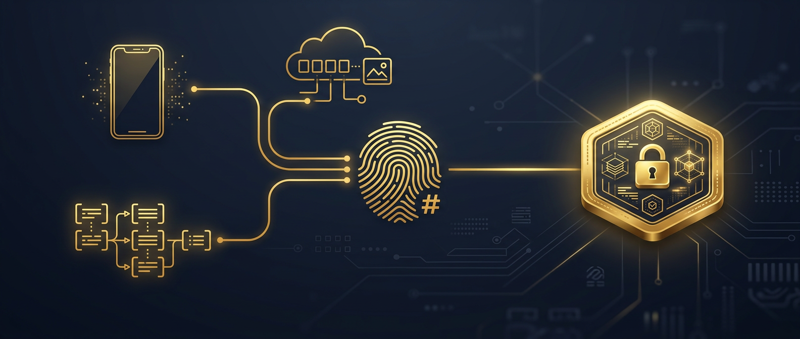 Three recovery sources, device, carrier records, and cloud backup, converging on a hash-verified message record in navy and gold