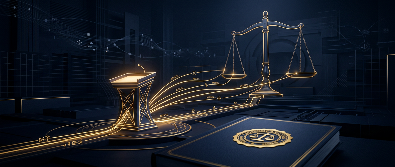 Conceptual courtroom witness stand with gold evidence lines extending to an impartial scale and a sealed forensic report, in navy and gold