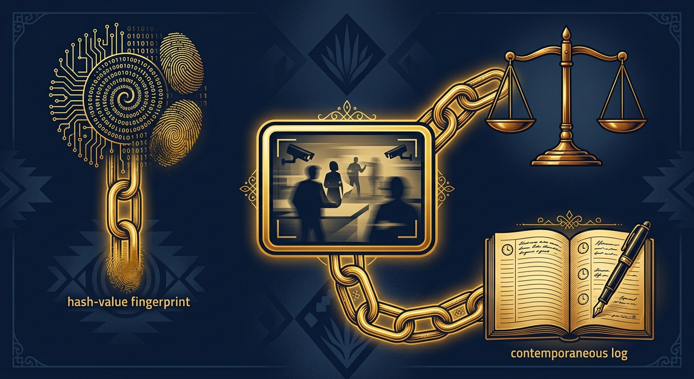 Courtroom admissibility concept in navy and gold showing a surveillance video frame, a hash-value fingerprint, and an unbroken chain-of-custody ribbon leading to a scales-of-justice motif