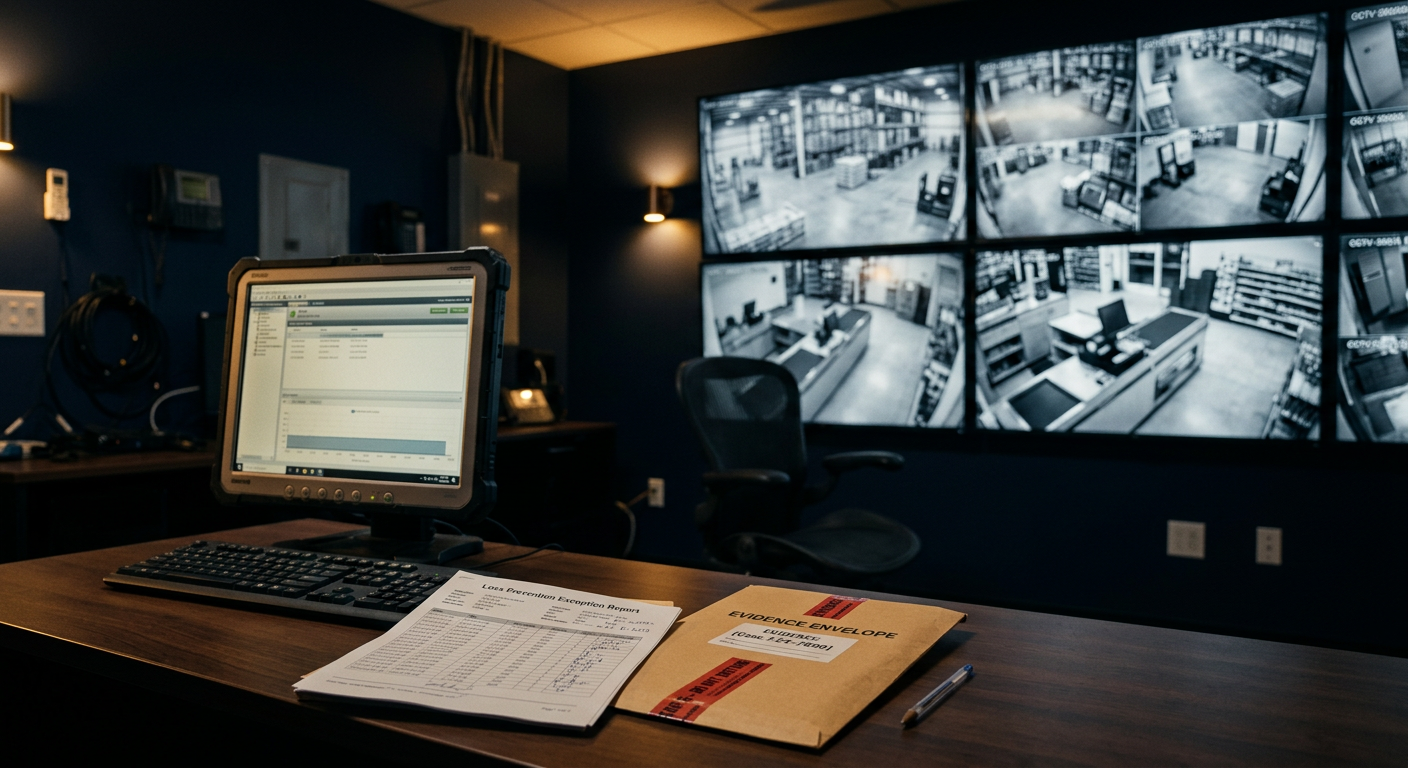 Discreet loss-prevention command room with CCTV monitors, POS exception report, and sealed evidence envelope