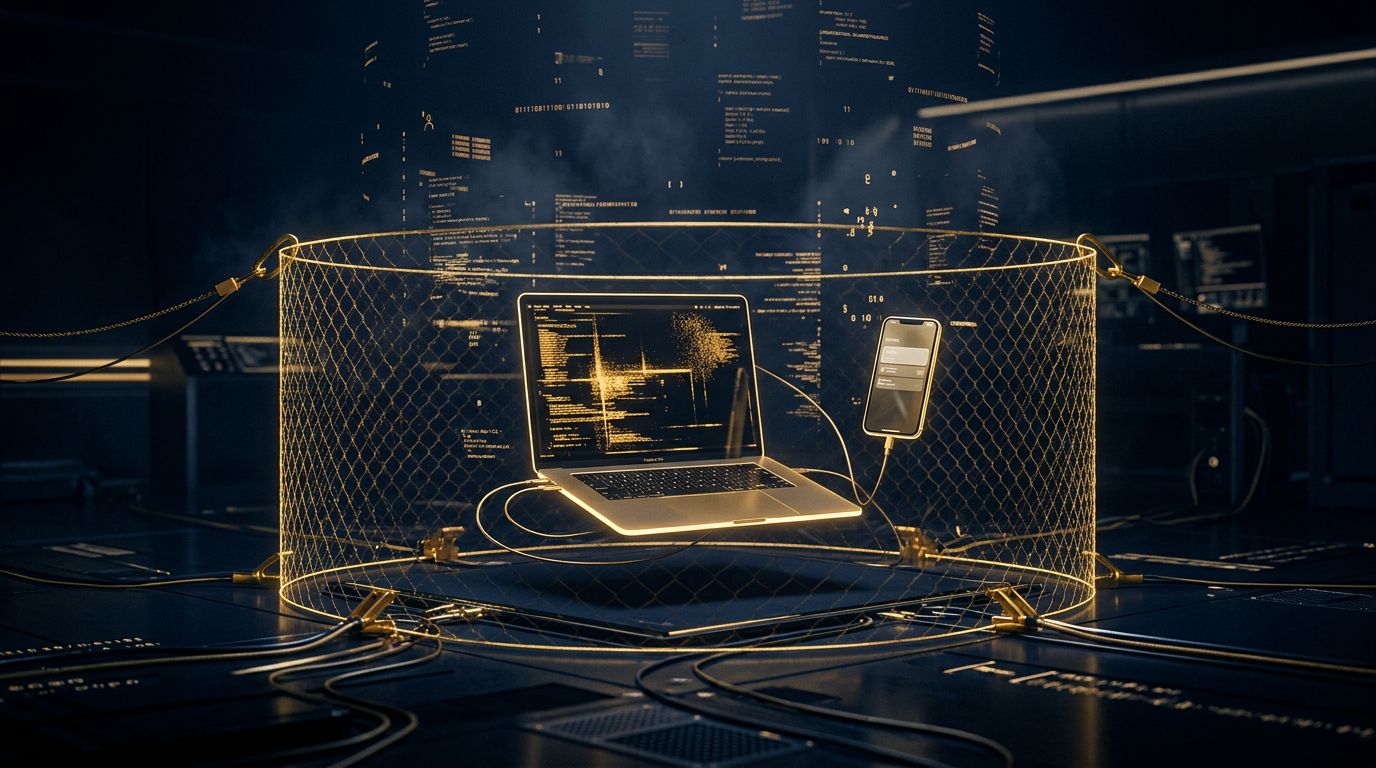 Sealed digital evidence scene with a laptop and phone held in a frozen, untouched state behind a gold containment perimeter in navy and gold