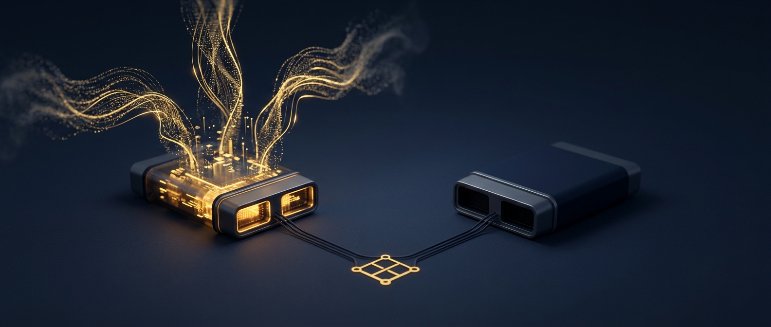 Power-on versus power-off preservation decision concept showing one live device with volatile memory and one sealed dark device in navy and gold